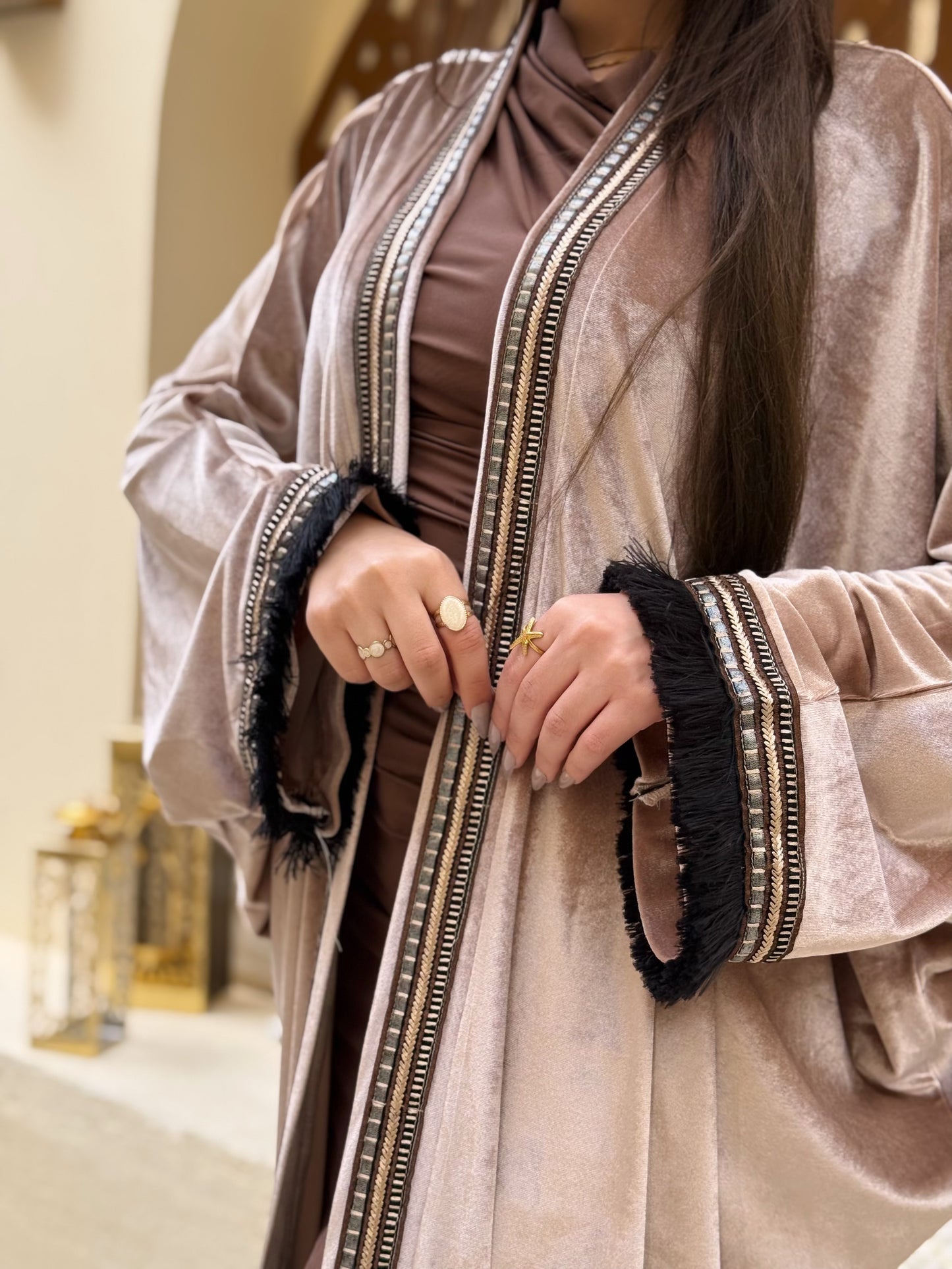 Velvet Kaftan with Embellished Sleeves and Front Panel