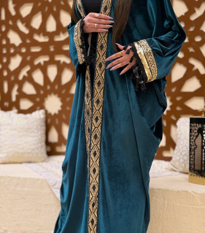Velvet Kaftan with Embellished Sleeves and Front Panel