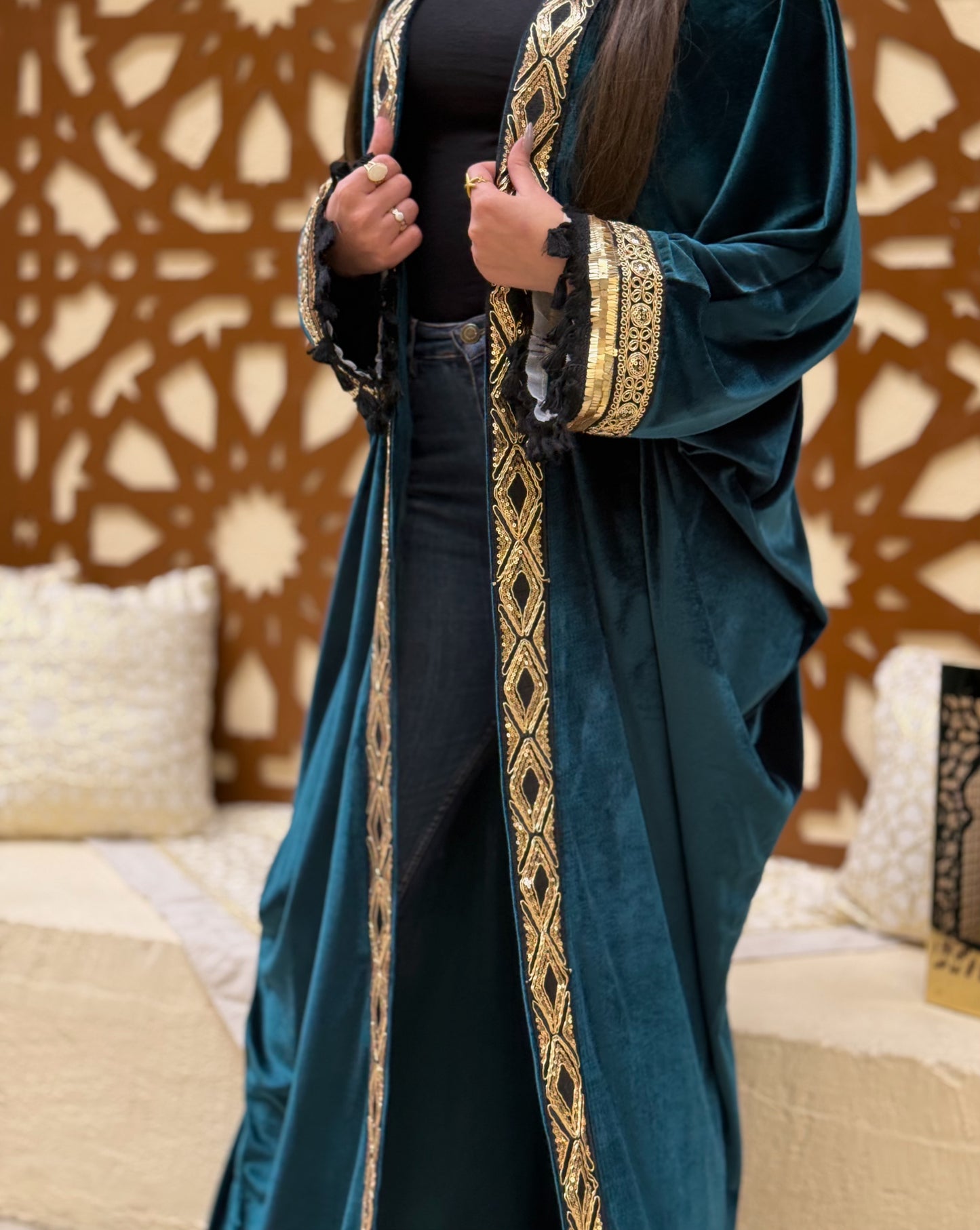 Velvet Kaftan with Embellished Sleeves and Front Panel
