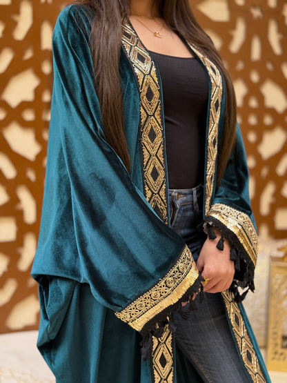 Velvet Kaftan with Embellished Sleeves and Front Panel