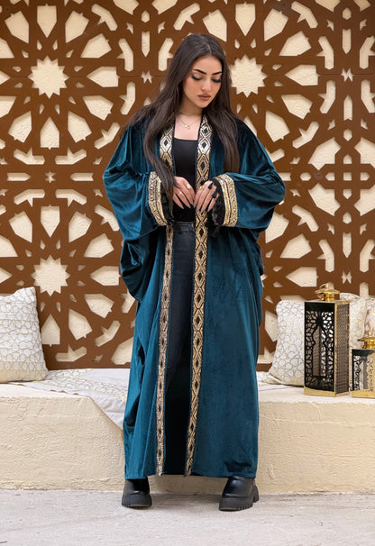 Velvet Kaftan with Embellished Sleeves and Front Panel