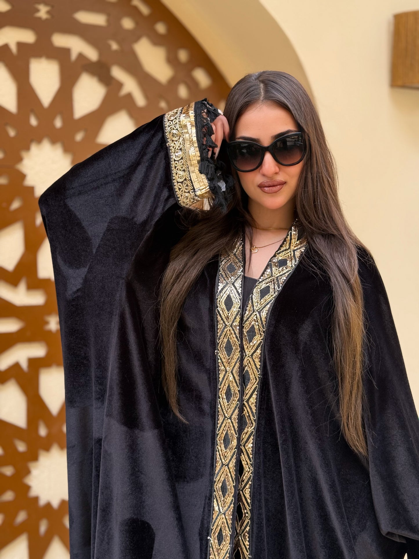 Velvet Kaftan with Embellished Sleeves and Front Panel
