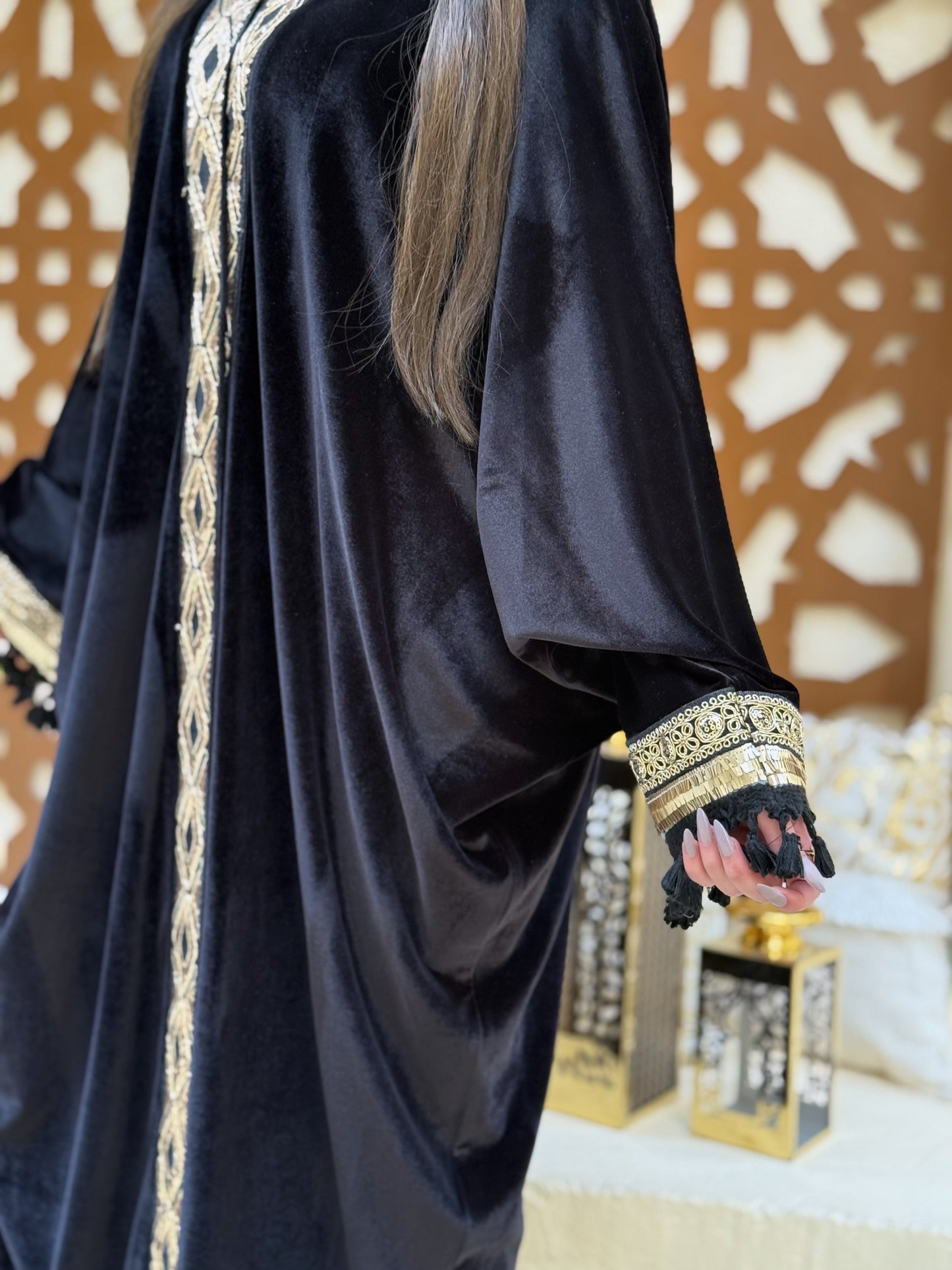 Velvet Kaftan with Embellished Sleeves and Front Panel