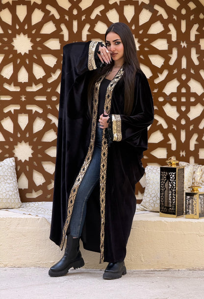 Velvet Kaftan with Embellished Sleeves and Front Panel