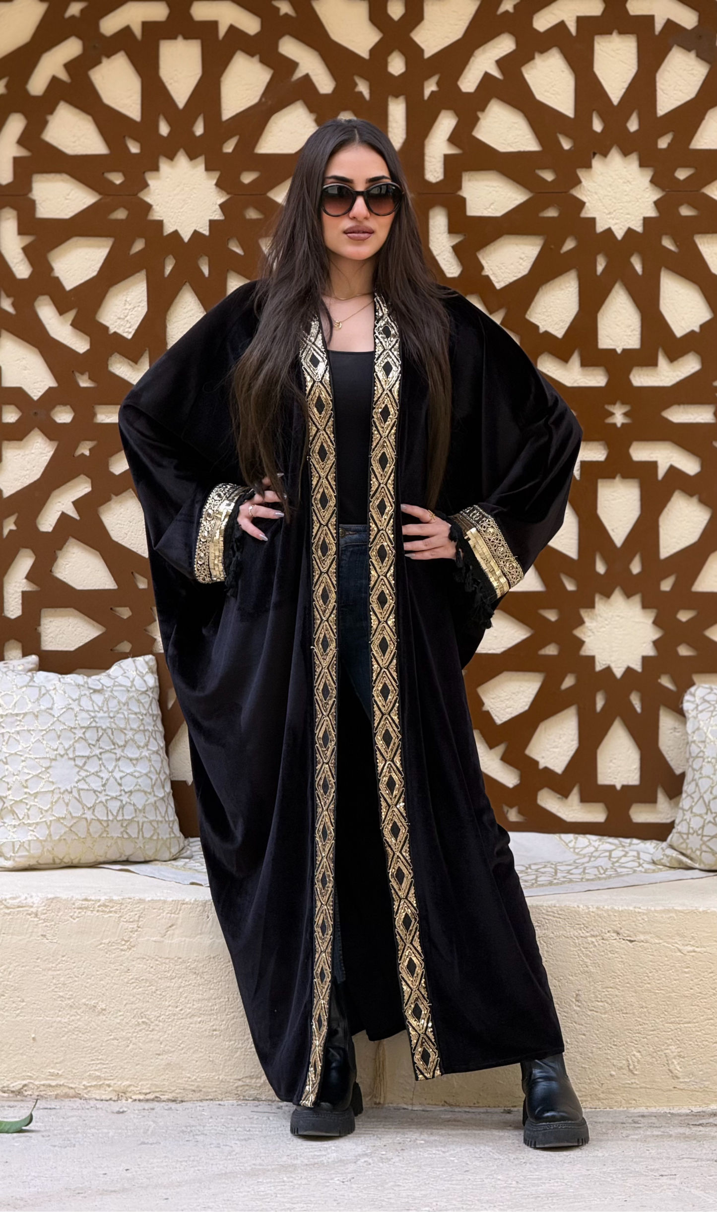 Velvet Kaftan with Embellished Sleeves and Front Panel