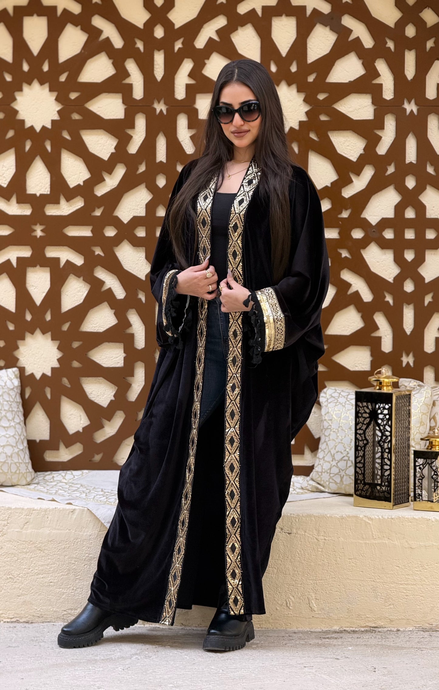 Velvet Kaftan with Embellished Sleeves and Front Panel